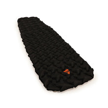Black inflatable camping mattress with orange logo, ideal for outdoor sleeping gear and caravanning adventures