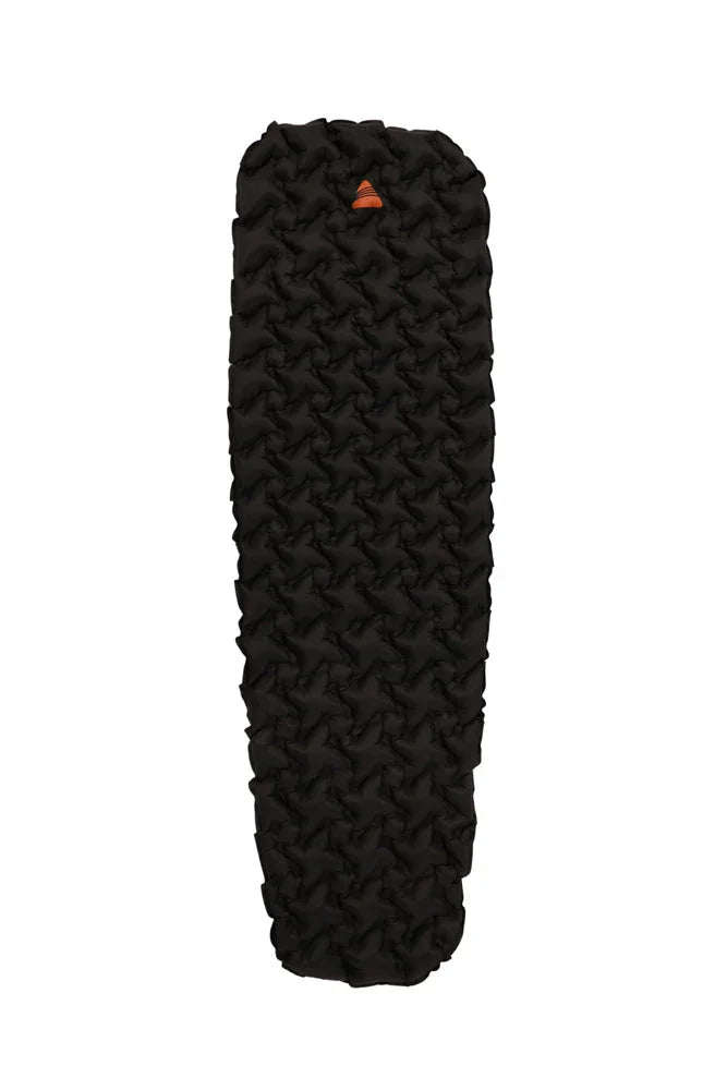 Black inflatable camping sleeping pad with textured surface and orange valve