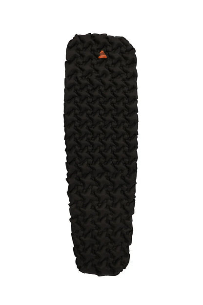 Black inflatable camping sleeping pad with textured surface and orange valve