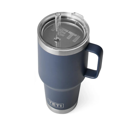 Yeti travel mug with straw lid and handle for outdoor adventures