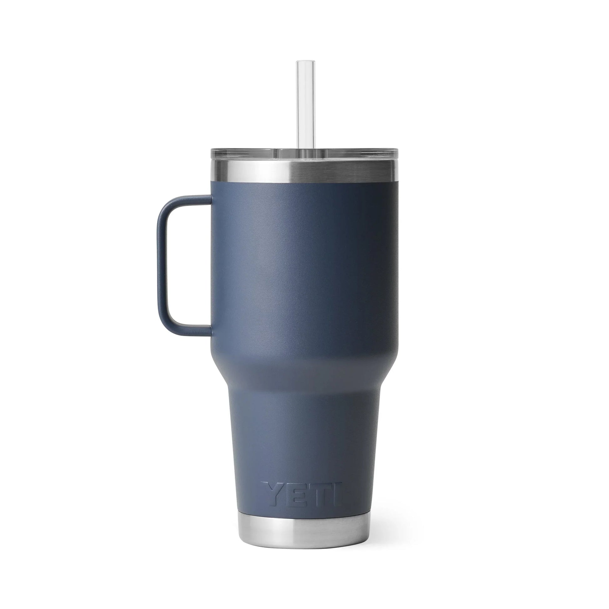 Navy blue Yeti travel mug with handle and straw, ideal for outdoor adventures and camping trips.