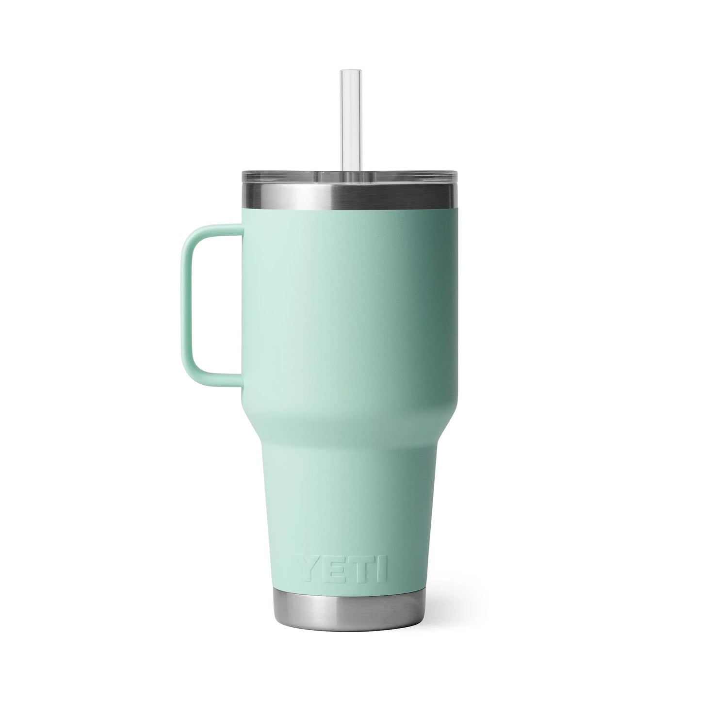 Mint green Yeti travel mug with handle and straw, ideal for outdoor adventures and camping trips.