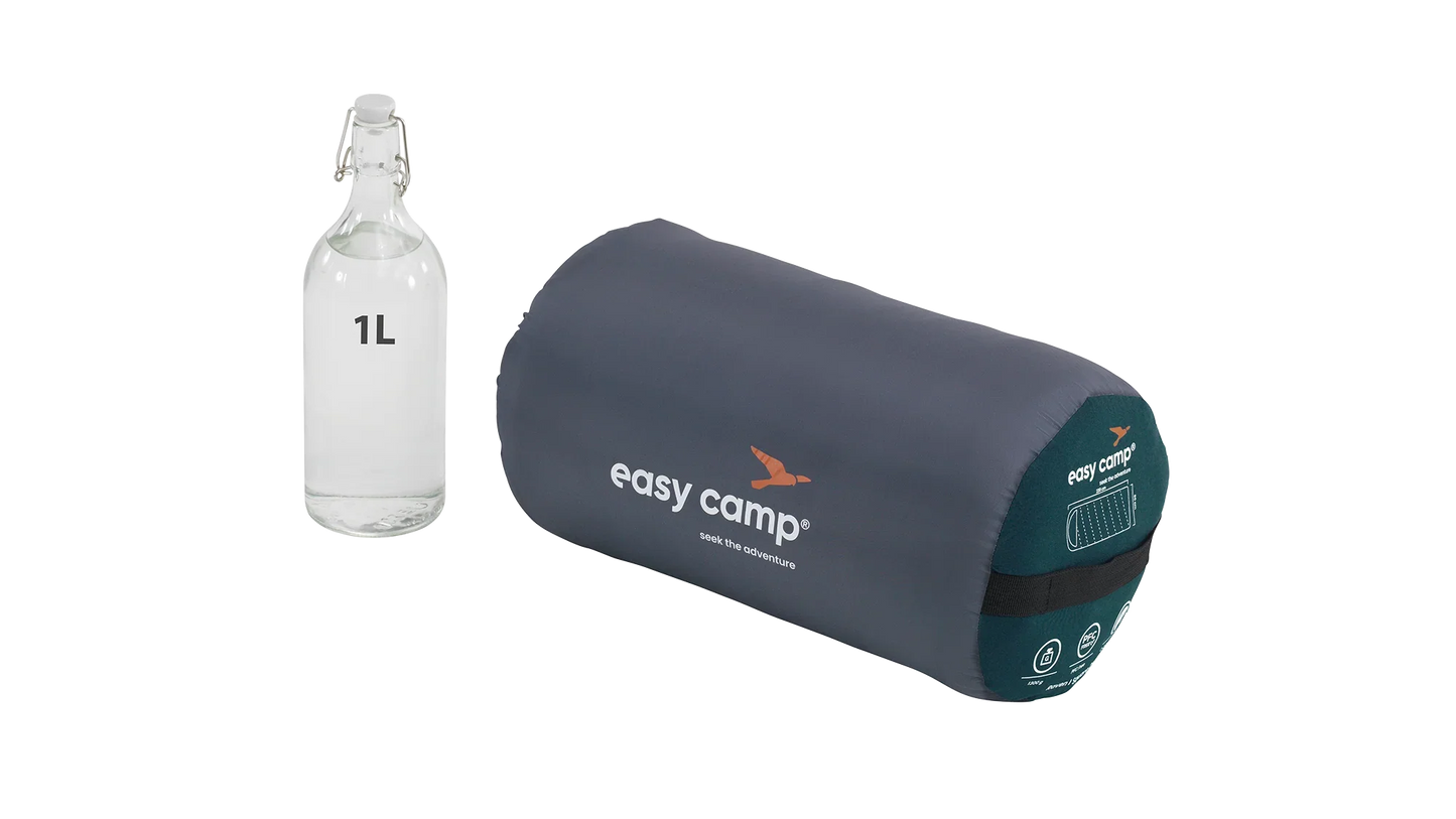 Easy Camp sleeping bag with 1L water bottle for scale, ideal for camping adventures