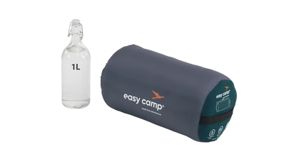 Easy Camp sleeping bag with 1L water bottle for scale, ideal for camping adventures
