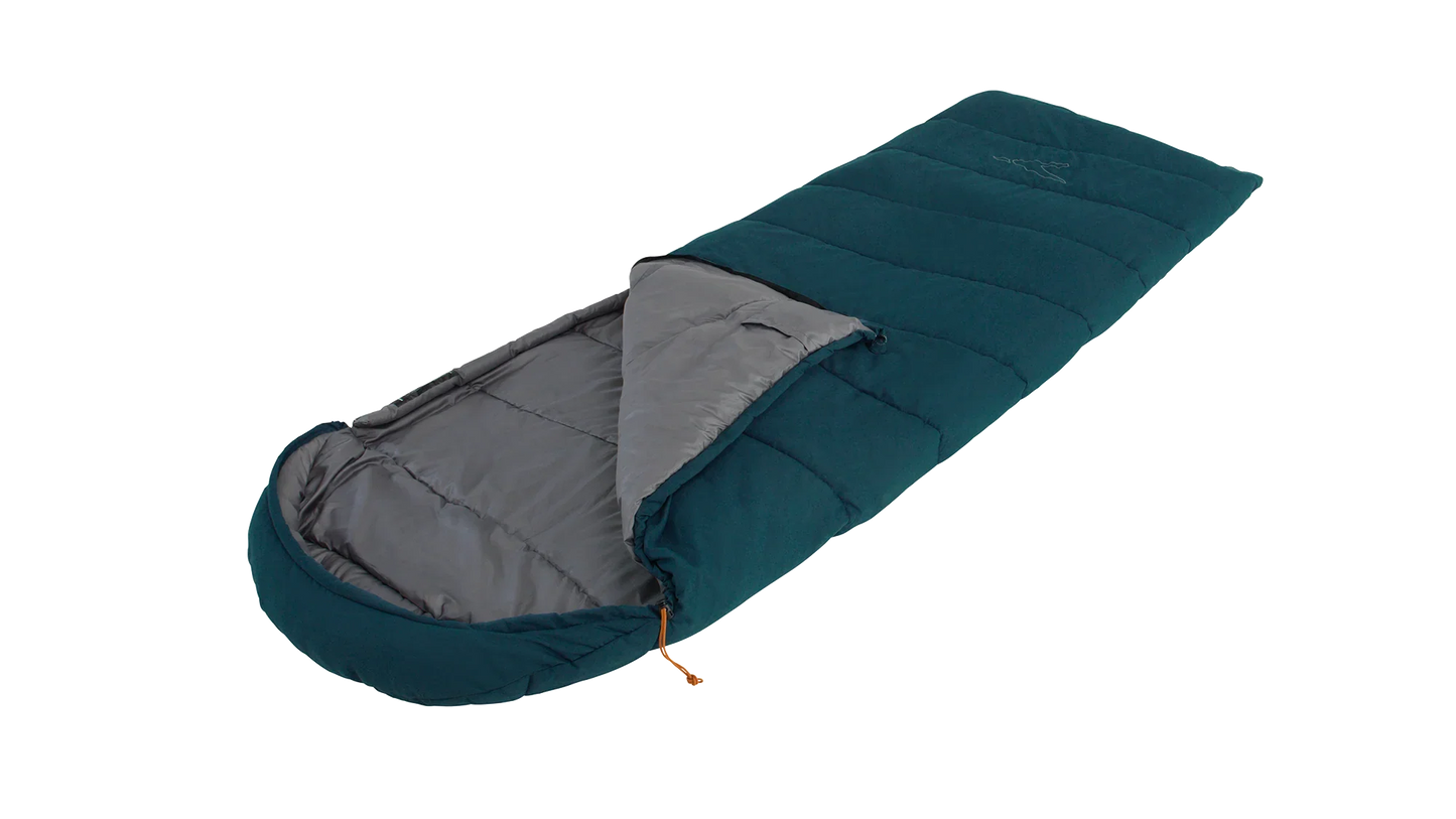 Teal and gray camping sleeping bag with orange drawstring for outdoor adventures