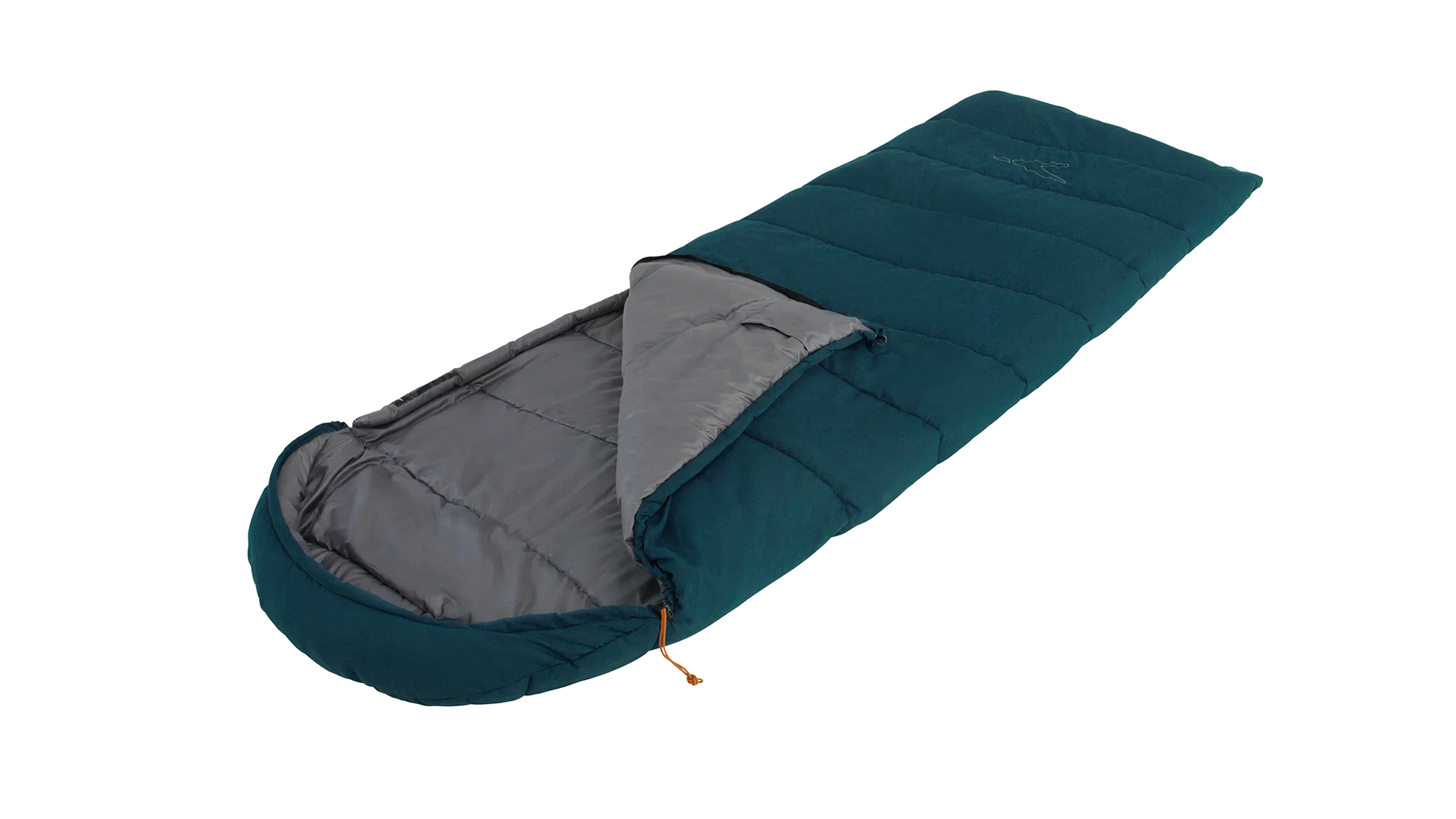 Teal and gray camping sleeping bag with orange drawstring for outdoor adventures