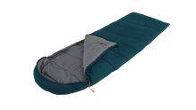 Teal and gray camping sleeping bag with orange drawstring for outdoor adventures