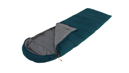 Teal and gray camping sleeping bag with orange drawstring for outdoor adventures