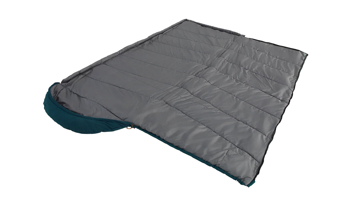 Gray and teal camping sleeping bag with quilted design for outdoor adventures