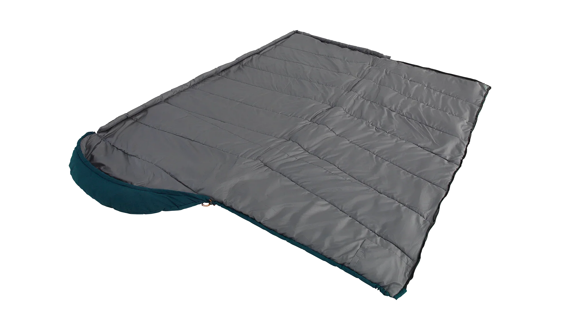 Gray and teal camping sleeping bag with quilted design for outdoor adventures