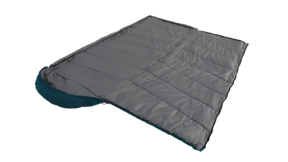 Gray and teal camping sleeping bag with quilted design for outdoor adventures