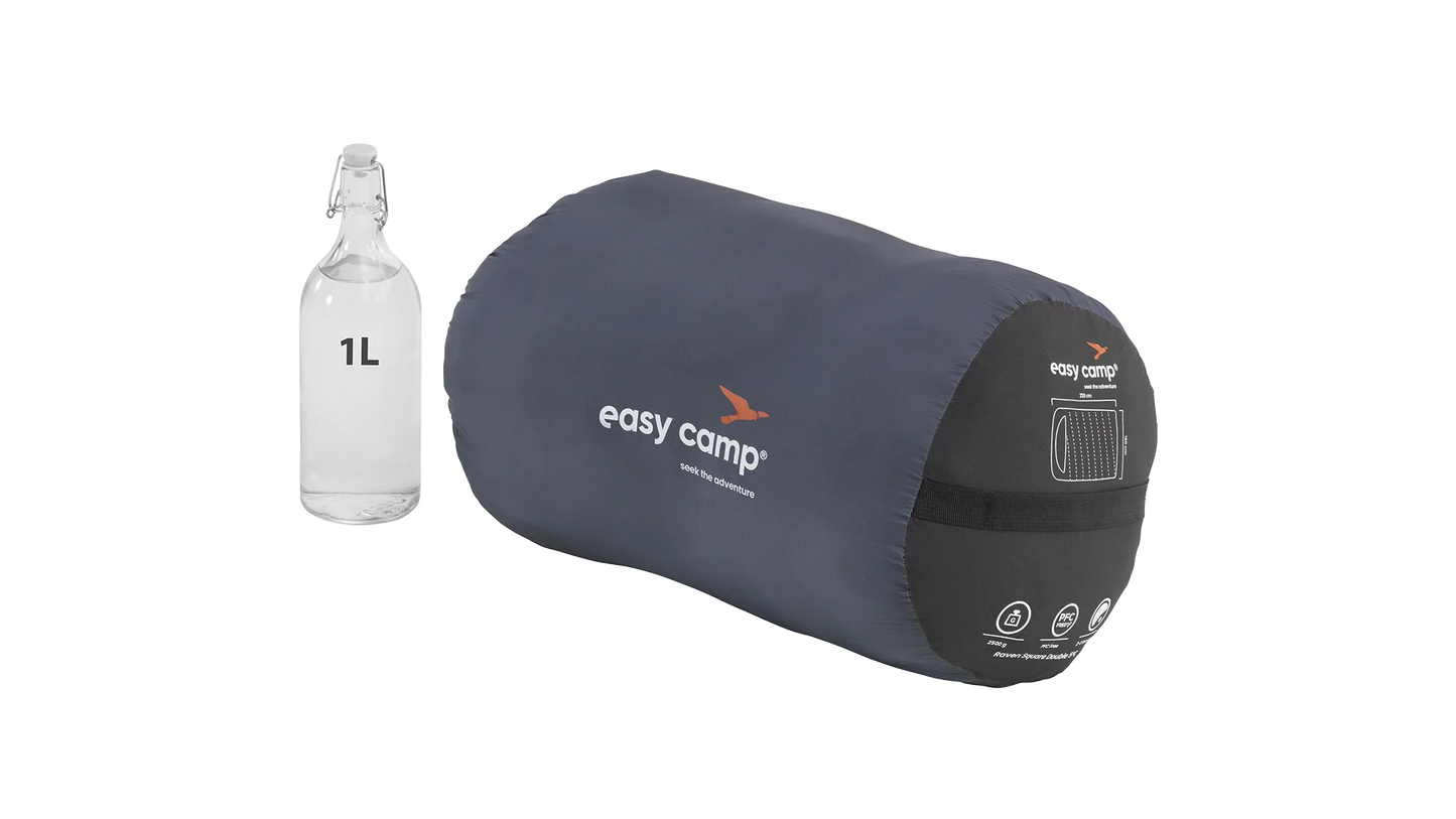Easy Camp sleeping bag with 1L water bottle for scale, ideal for camping adventures