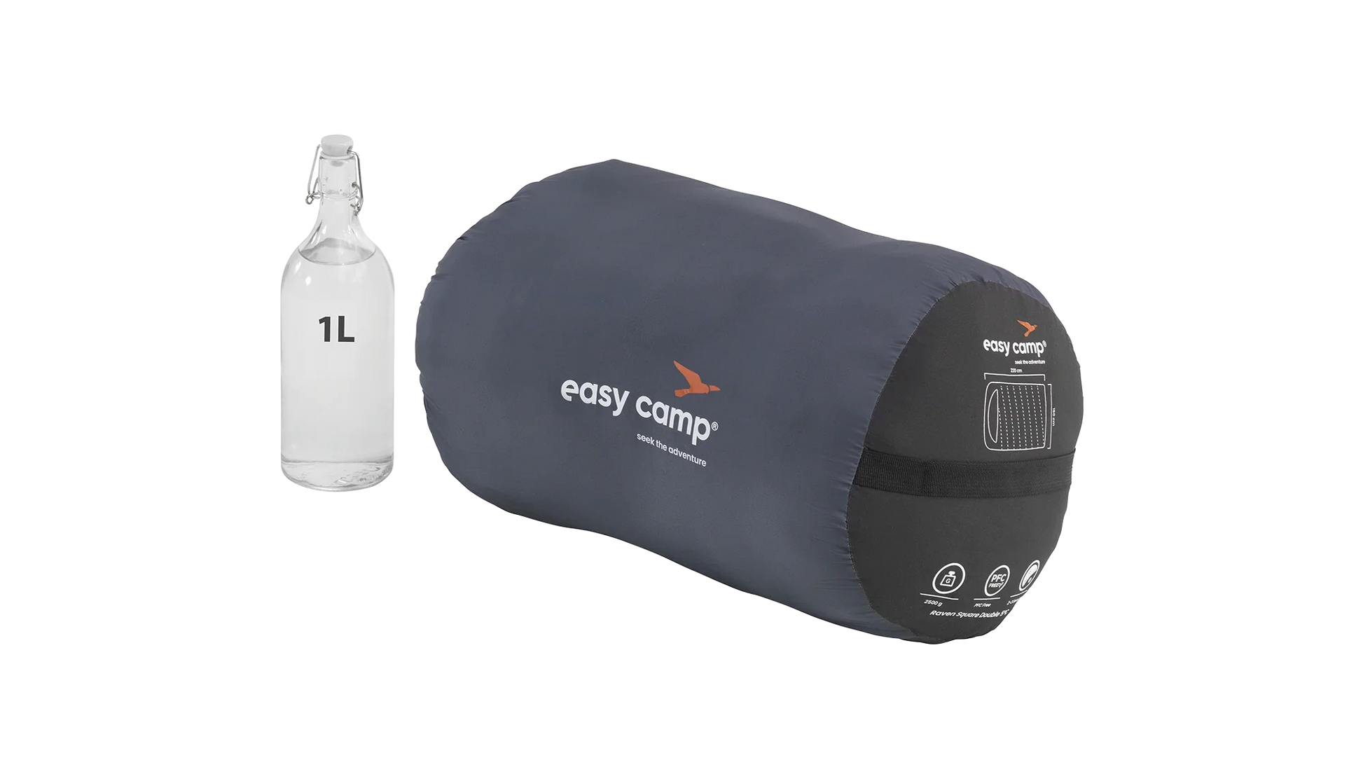 Easy Camp sleeping bag with 1L water bottle for scale, ideal for camping adventures