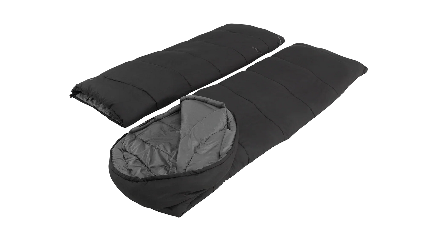 Black camping sleeping bag with gray interior, ideal for outdoor adventures and cozy nights