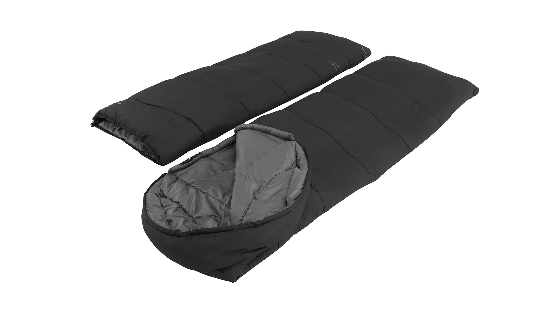Black camping sleeping bag with gray interior, ideal for outdoor adventures and cozy nights