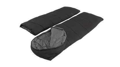 Black camping sleeping bag with gray interior, ideal for outdoor adventures and cozy nights