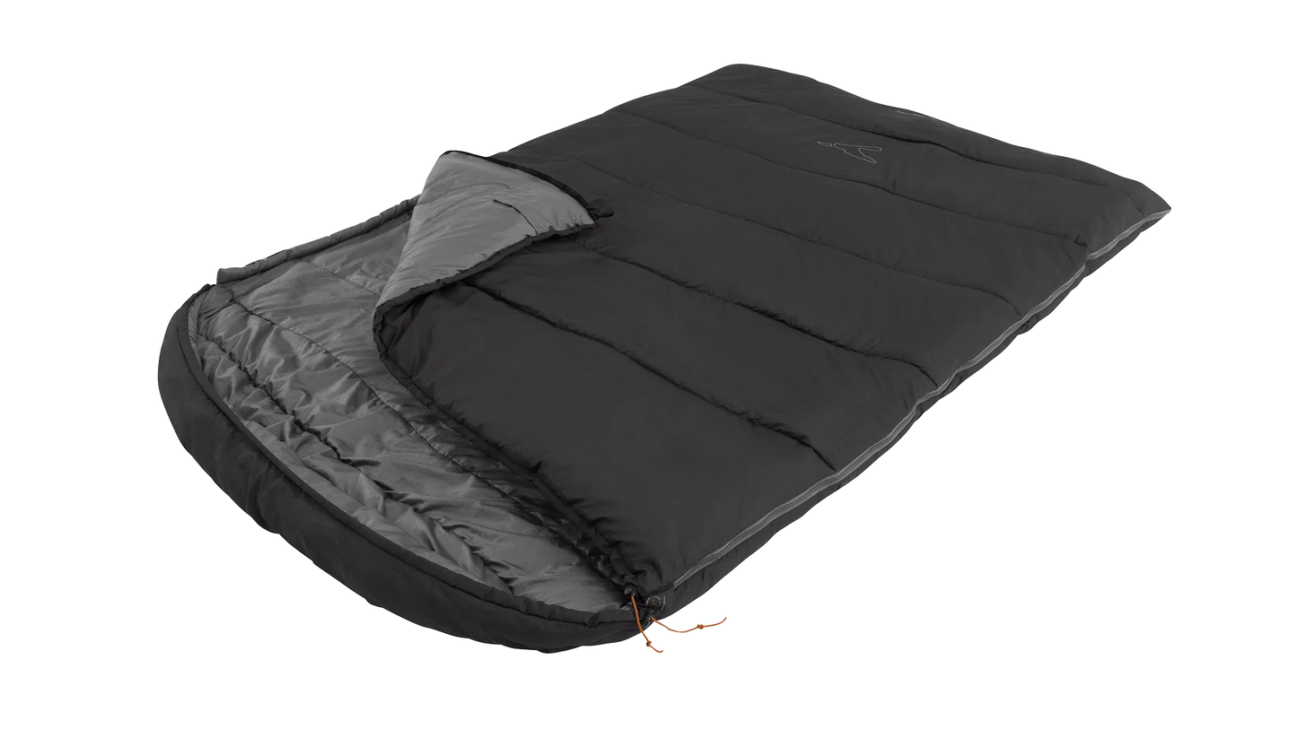 Black and gray camping sleeping bag with hood, ideal for outdoor adventures and camping trips