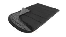 Black and gray camping sleeping bag with hood, ideal for outdoor adventures and camping trips