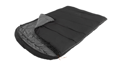 Black and gray camping sleeping bag with hood, ideal for outdoor adventures and camping trips