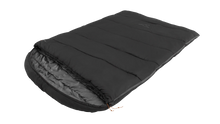 Black camping sleeping bag with quilted design and orange drawstring, ideal for outdoor adventures and camping trips.