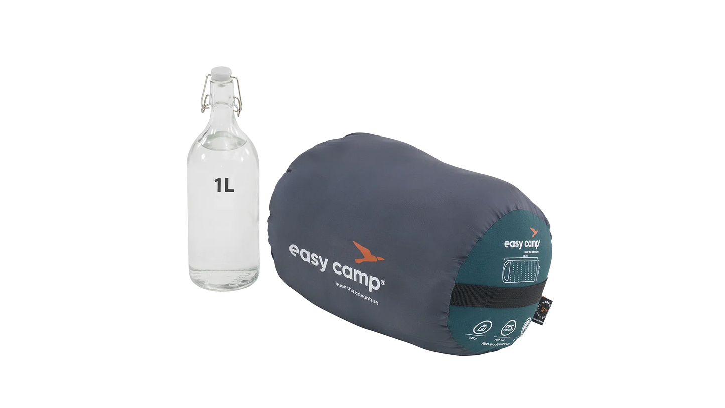 Easy Camp sleeping bag with 1L water bottle for camping gear comparison