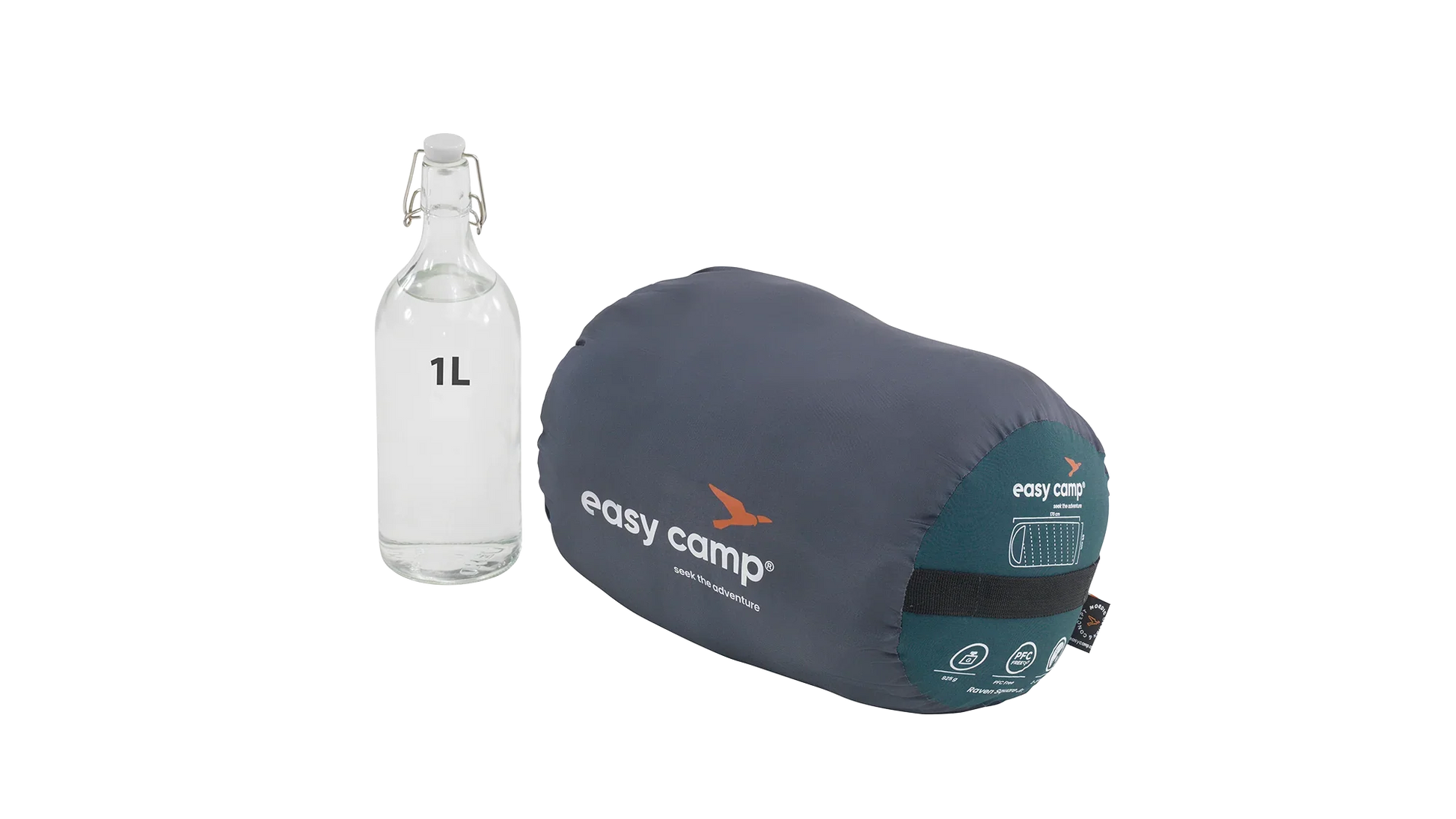 Easy Camp sleeping bag with 1L water bottle for camping gear comparison