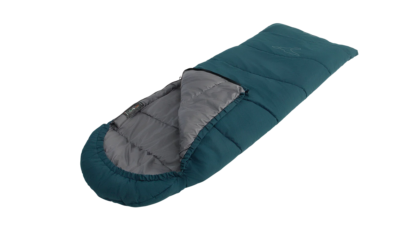 Teal camping sleeping bag with gray interior, ideal for outdoor adventures and cozy nights under the stars.