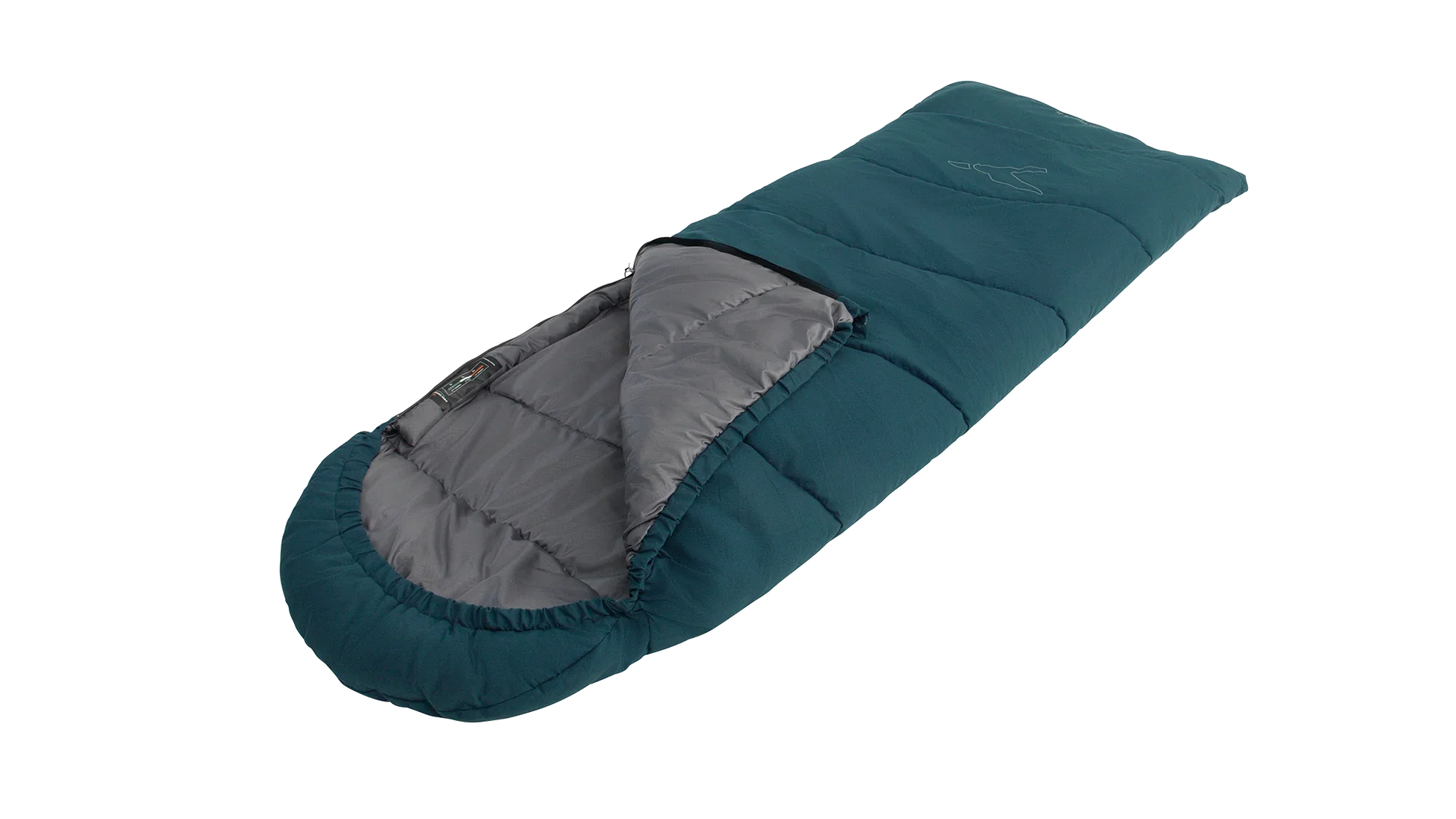 Teal camping sleeping bag with gray interior, ideal for outdoor adventures and cozy nights under the stars.