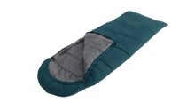 Teal camping sleeping bag with gray interior, ideal for outdoor adventures and cozy nights under the stars.