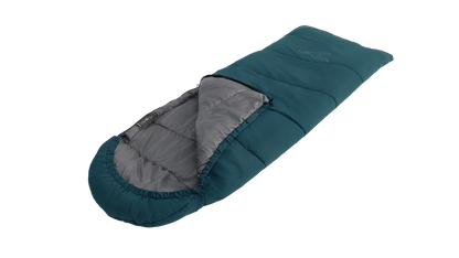 Teal camping sleeping bag with gray interior, ideal for outdoor adventures and cozy nights under the stars.