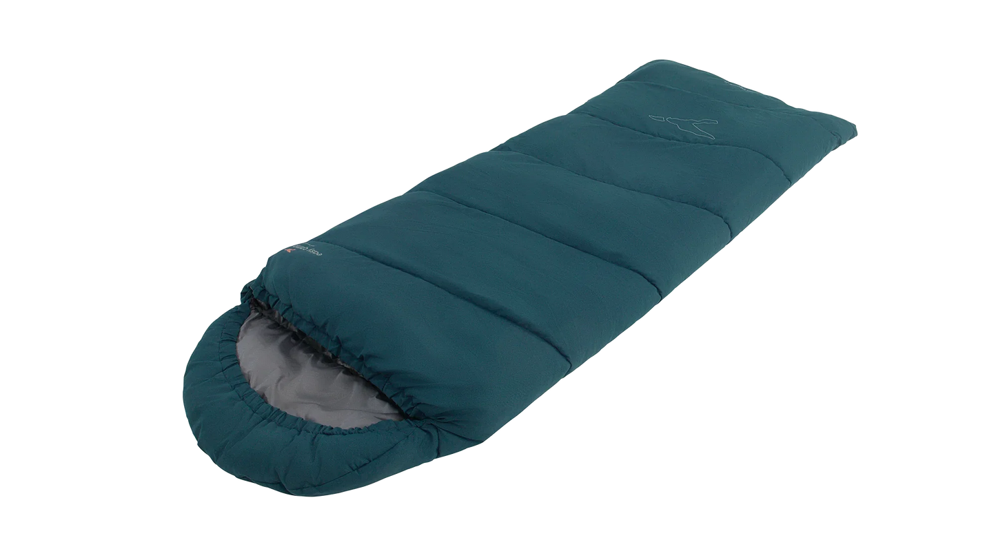 Teal camping sleeping bag with gray interior, ideal for outdoor adventures and cozy nights under the stars.