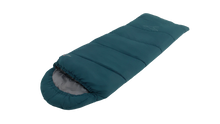 Teal camping sleeping bag with gray interior, ideal for outdoor adventures and cozy nights under the stars.