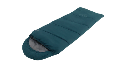 Teal camping sleeping bag with gray interior, ideal for outdoor adventures and cozy nights under the stars.