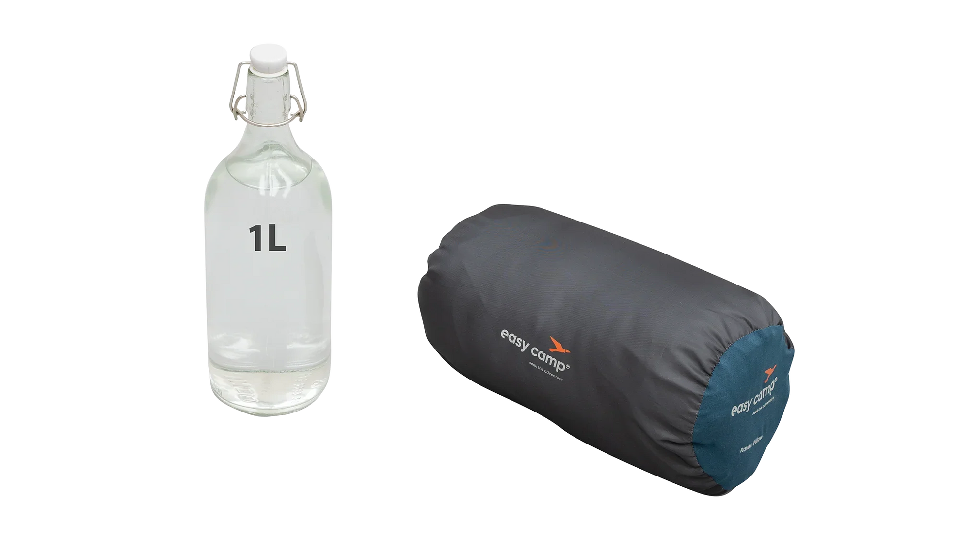 1L glass water bottle beside easy camp Raven Pillow for camping adventures