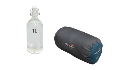 1L glass water bottle beside easy camp Raven Pillow for camping adventures