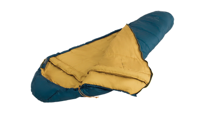Blue and yellow camping sleeping bag for outdoor adventures