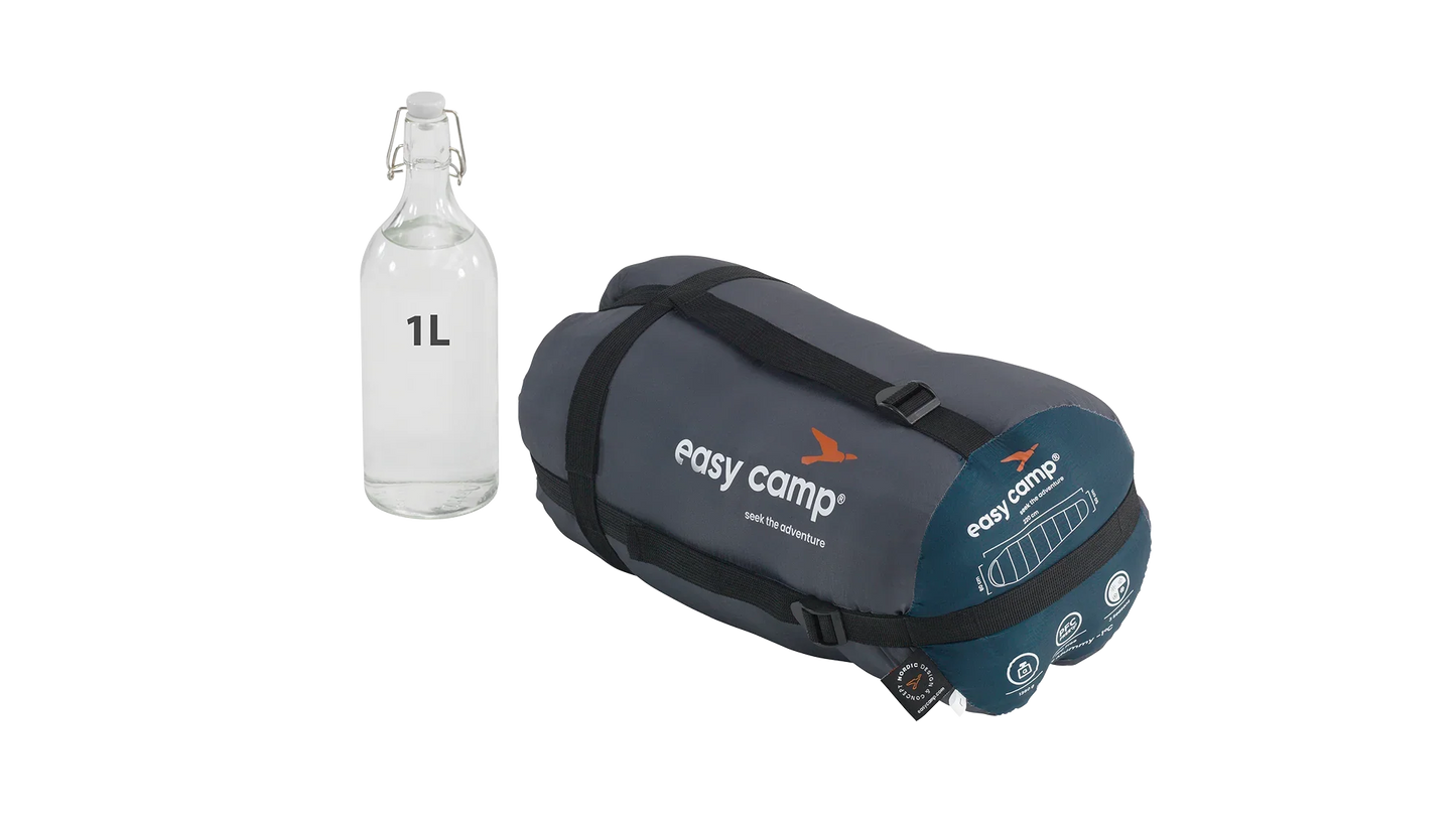 Easy Camp sleeping bag with 1L water bottle for camping gear comparison