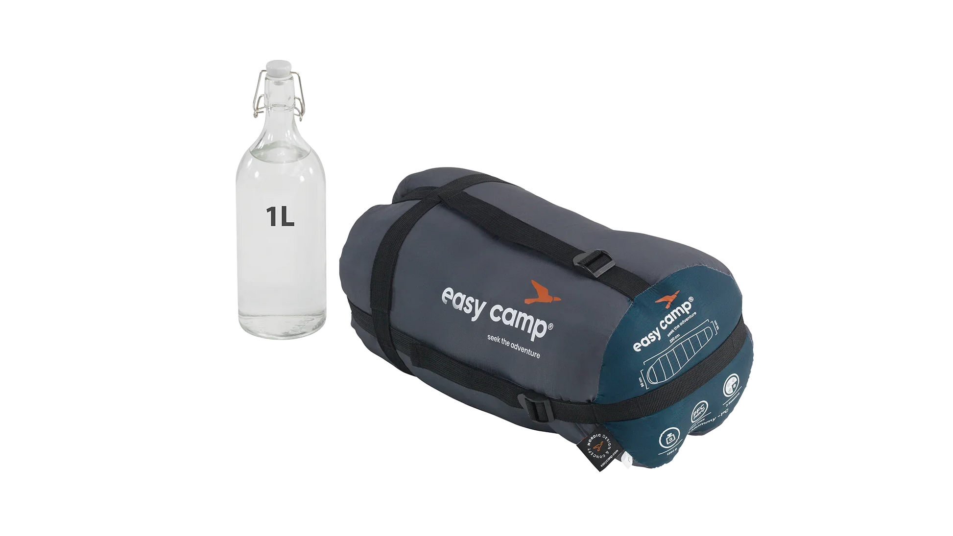 Easy Camp sleeping bag with 1L water bottle for camping gear comparison