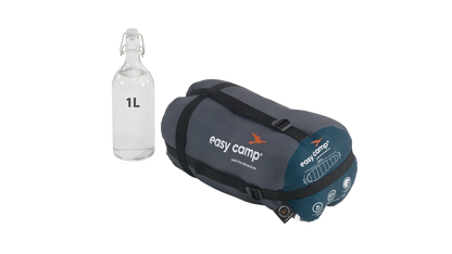 Easy Camp sleeping bag with 1L water bottle for camping gear comparison
