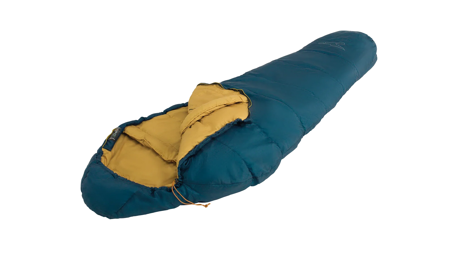 Blue and yellow camping sleeping bag for outdoor adventures