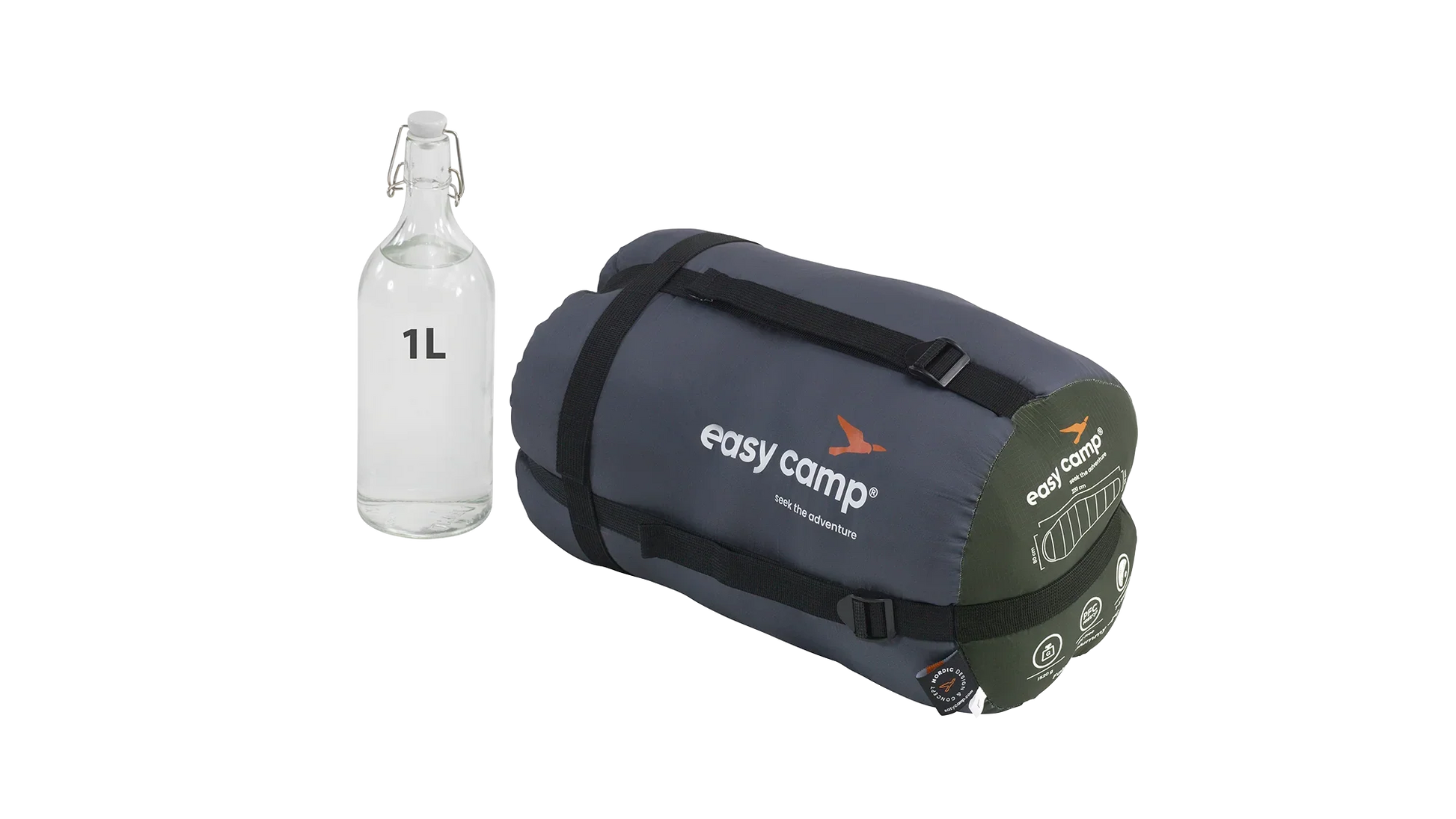 Compact Easy Camp sleeping bag with 1L bottle for scale, ideal for camping adventures