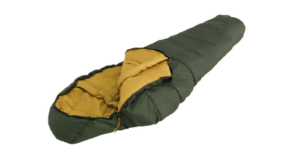 Green and yellow camping sleeping bag for outdoor adventures