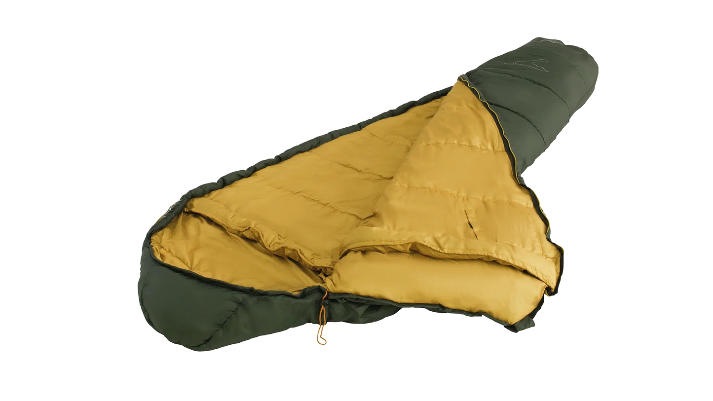 Green and mustard yellow camping sleeping bag for outdoor adventures