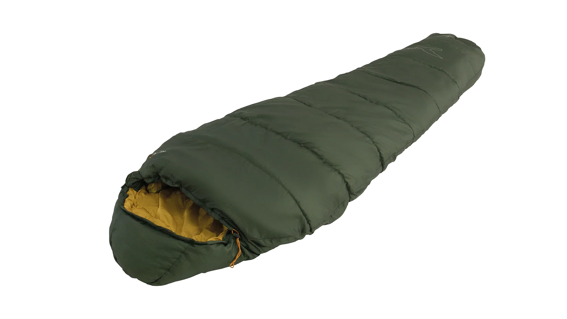 Green camping sleeping bag with yellow interior, ideal for outdoor adventures and camping trips.