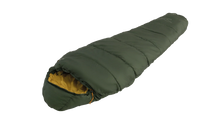 Green camping sleeping bag with yellow interior, ideal for outdoor adventures and camping trips.