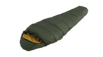 Green camping sleeping bag with yellow interior, ideal for outdoor adventures and camping trips.