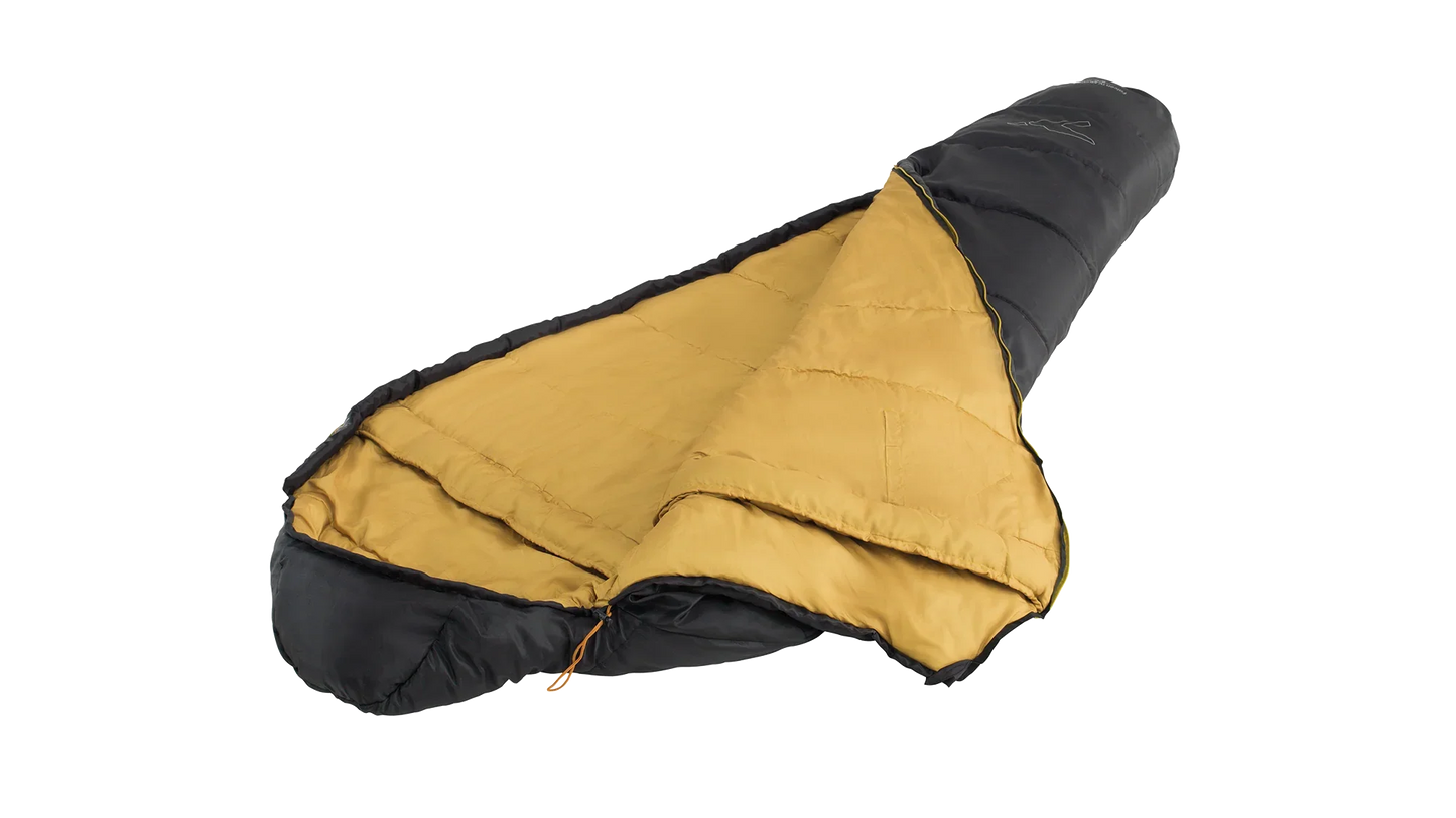 Black and mustard yellow camping sleeping bag for outdoor adventures