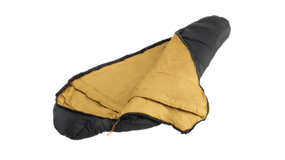 Black and mustard yellow camping sleeping bag for outdoor adventures