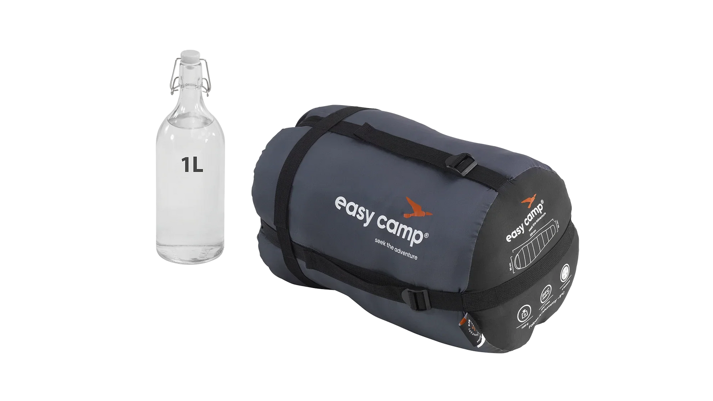 Easy Camp sleeping bag with 1L bottle for size comparison, ideal for camping adventures