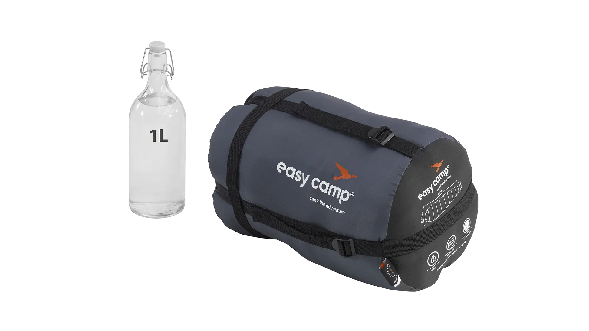 Easy Camp sleeping bag with 1L bottle for size comparison, ideal for camping adventures